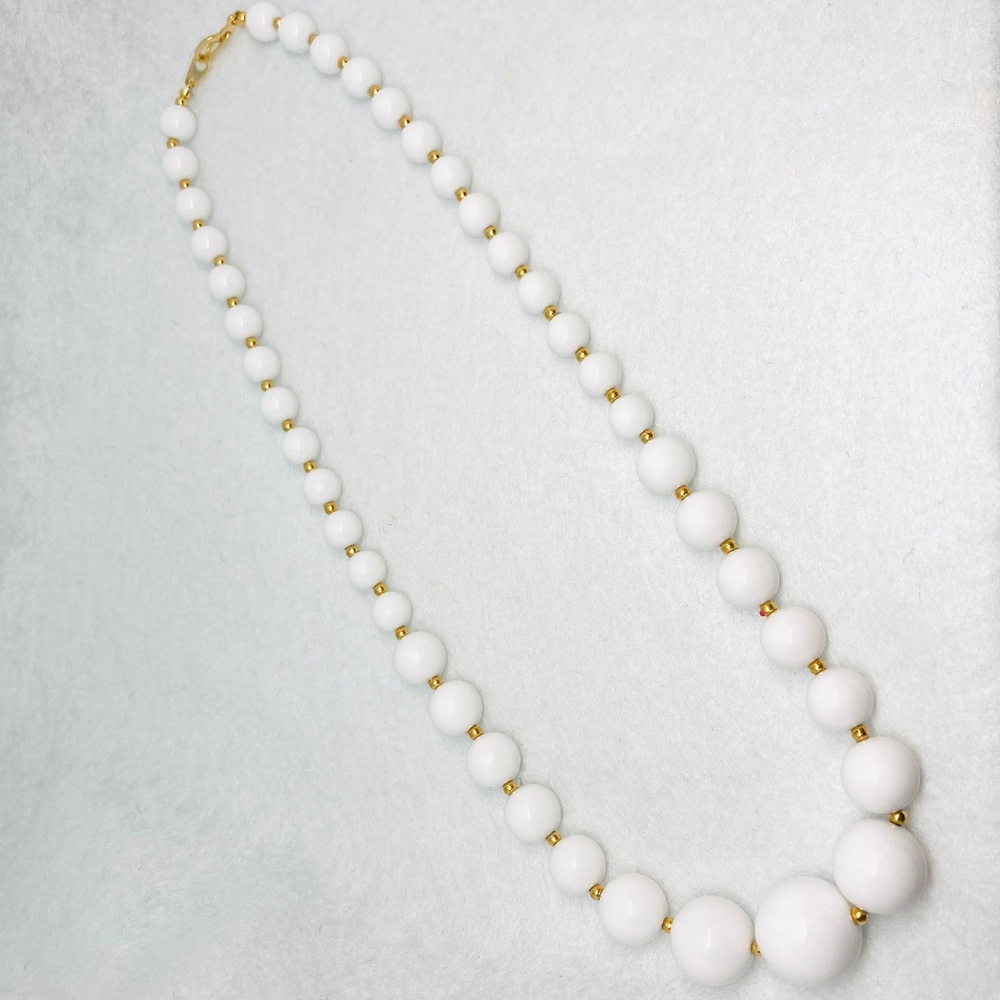 Vintage Marvella Beaded Necklace White Lucite Acrylic with Gold Tone Beads 1980s